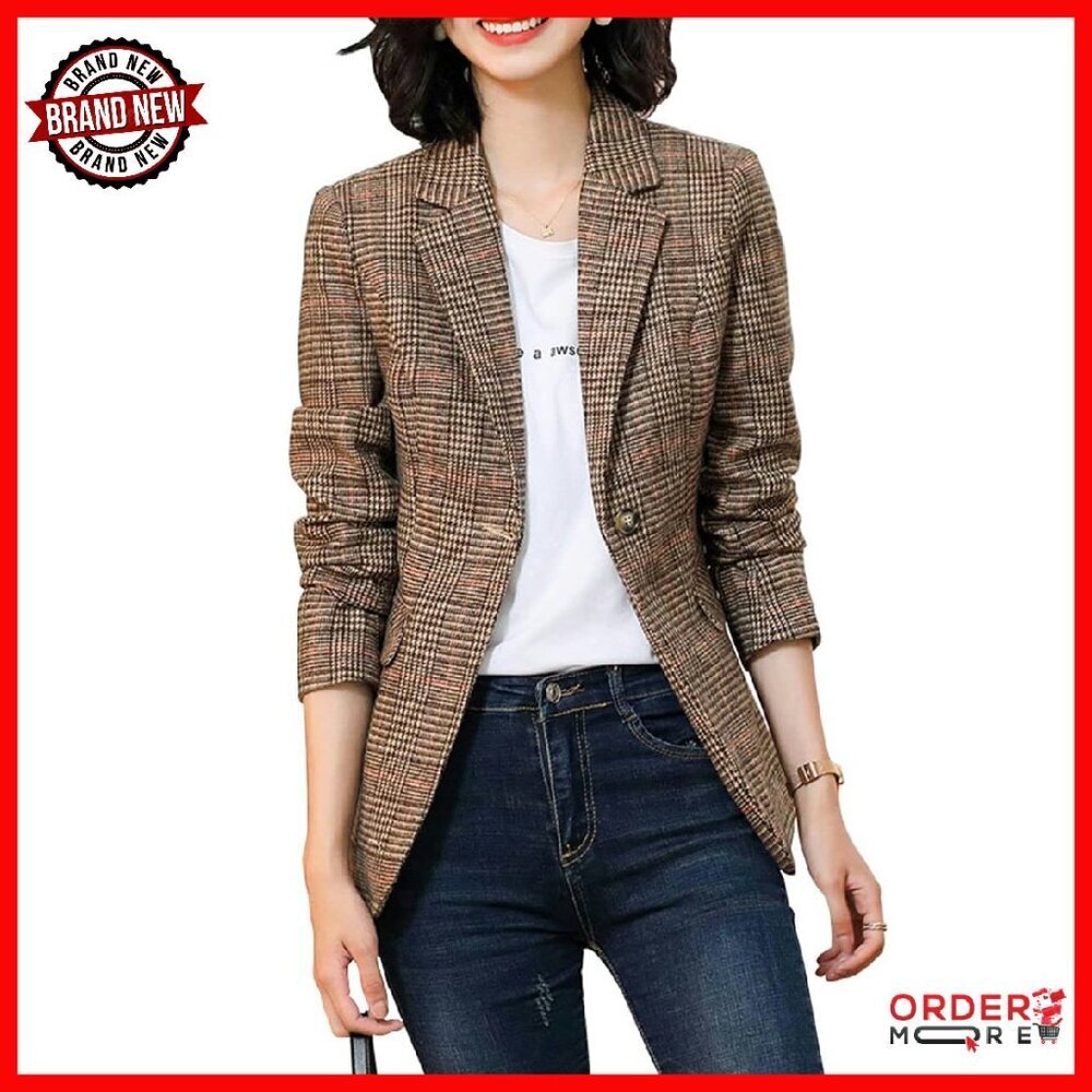 Women's Houndstooth Plaid Blazer Jacket Notch Lapel Boyfriend Fit